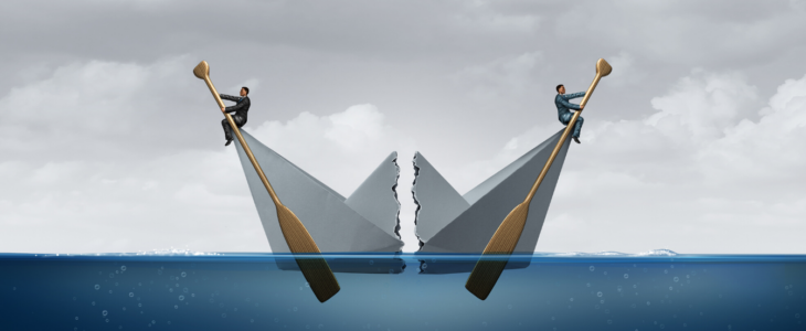 ||Business separation and business disagreement as two opposite sides divide a paper boat as a metaphor for opposing directions with 3D illustration elements.