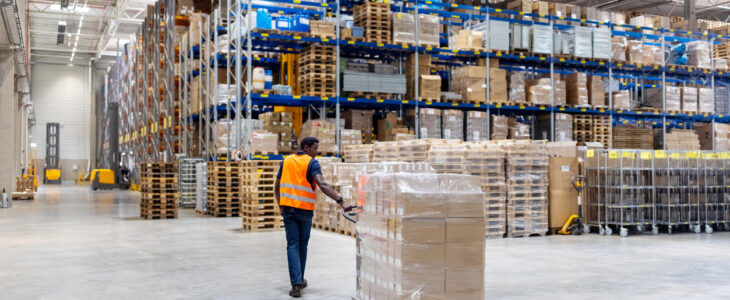 Rear view of a dock worker walking with packages on pallet jack at distribution warehouse. Young male dispatcher pulling pallet jack with boxes.