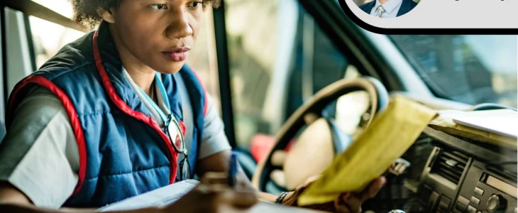 Person in a vehicle reviewing documents with focused expression.