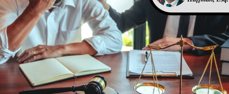 A distressed person at a desk with a gavel and scales of justice, with a byline for Jonathan Huffman, Esq.