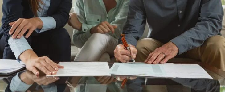 Senior couple signing documents with a pen on a table.