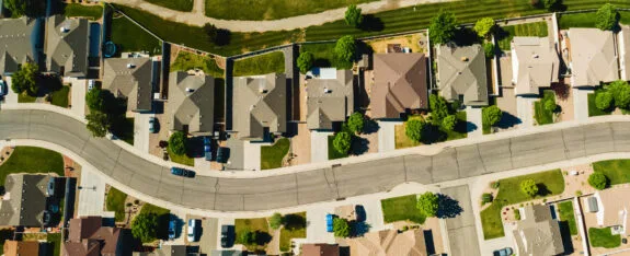 Aerial view of houses in a suburban neighborhood
