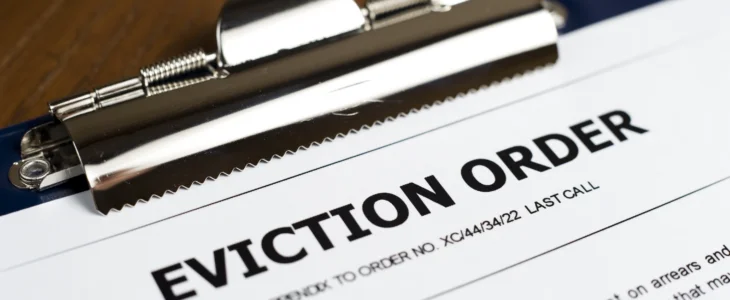 An "EVICTION ORDER" document on a clipboard.