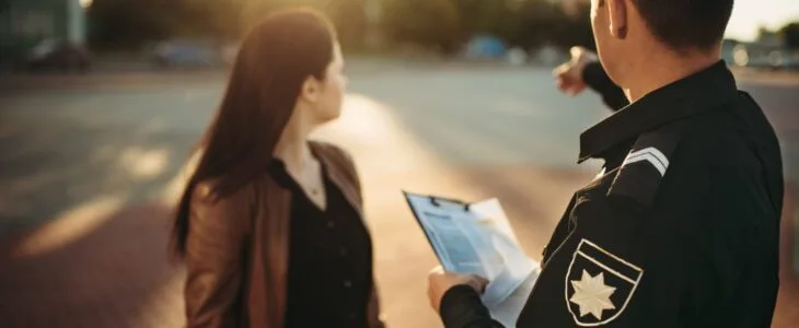 A police officer holding a clipboard and pointing while speaking to a woman outdoors.