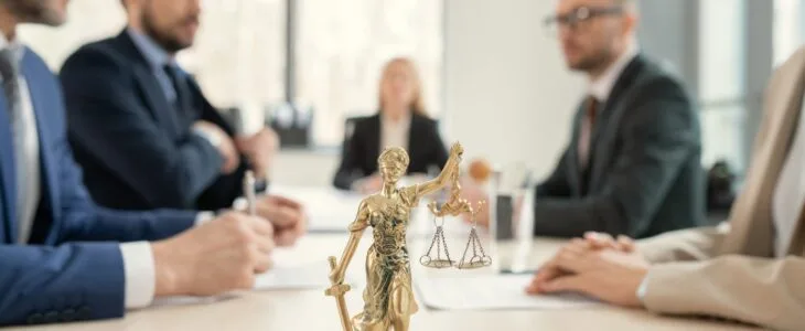 Lady Justice statue on table during a business meeting.
